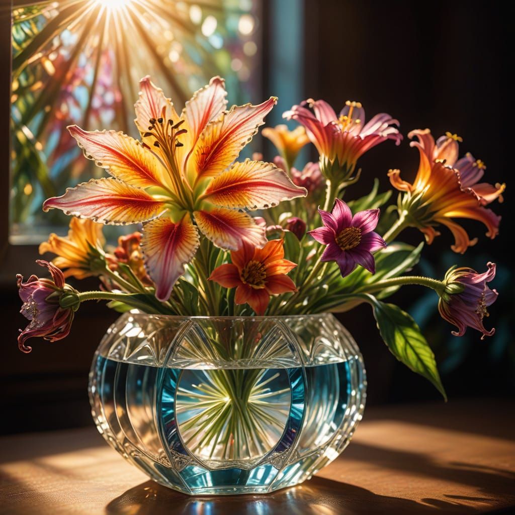 Exotic Flowers in Crystal Vase: Hyperrealistic Macro Photogr...