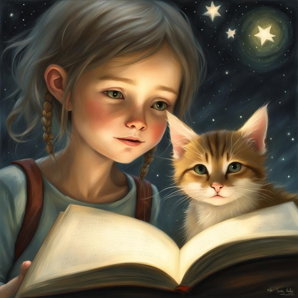 Girl and Kitten Reading: Whimsical Oil Painting