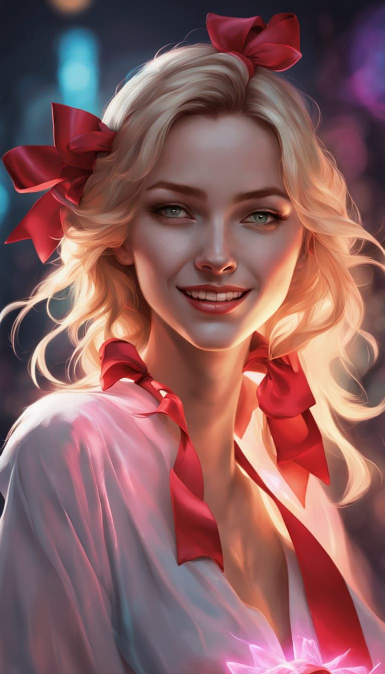 Smiling Woman with Red Ribbon in Artgerm Style