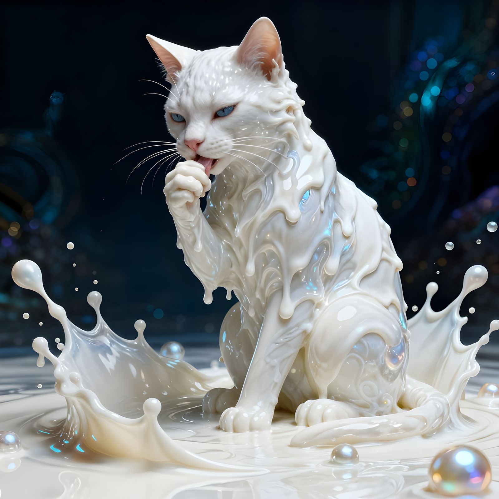 Liquid Milk Cat Licking Paw in Ethereal Light