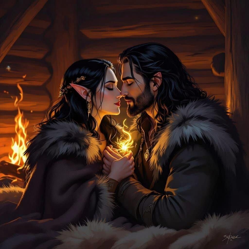 Lovers' First Kiss in Magical Cabin