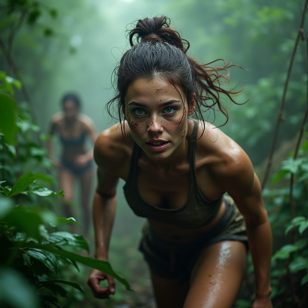 Dramatic Athlete in Lush Forest Obstacle Course