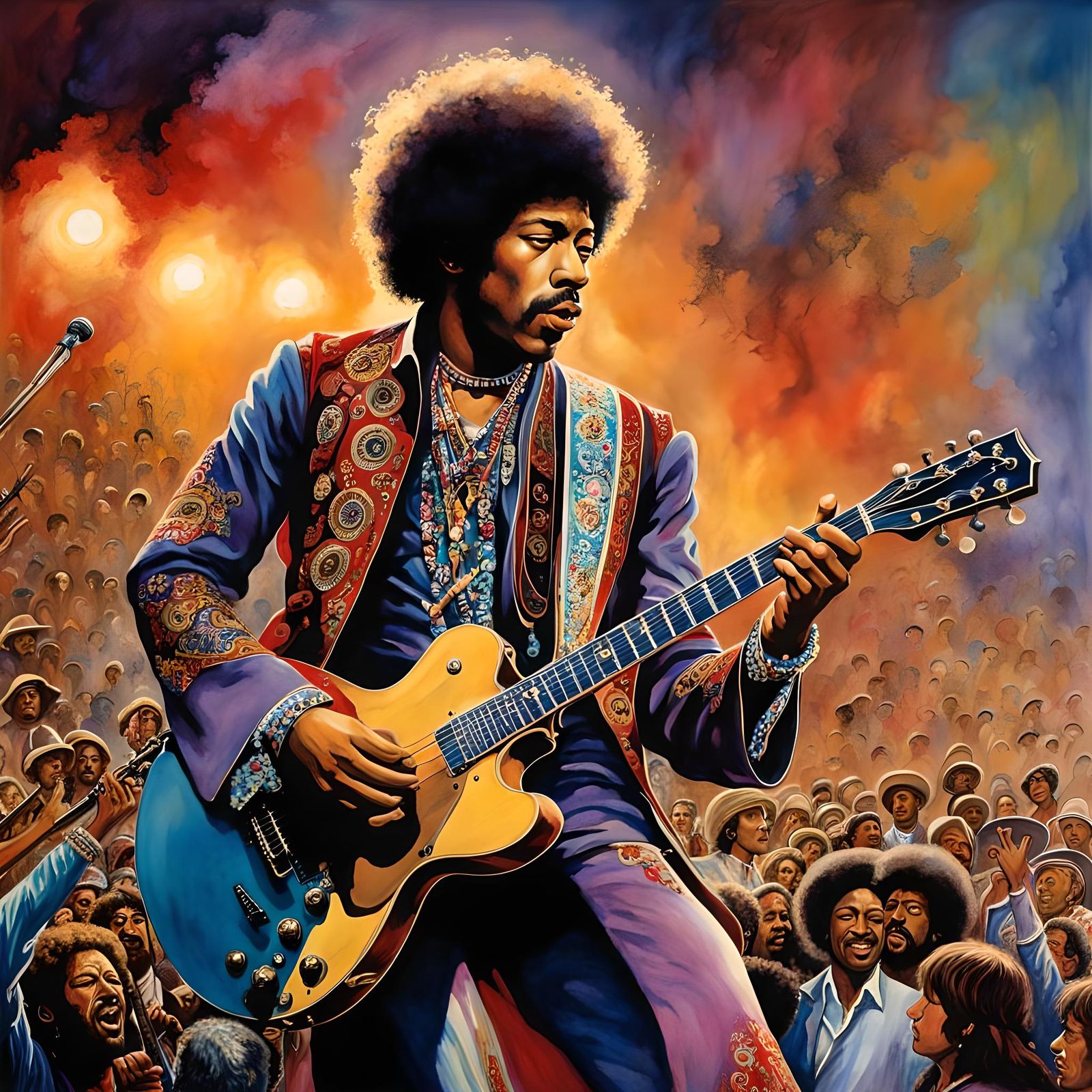 Jimi Hendrix Woodstock Concert in Watercolor Style