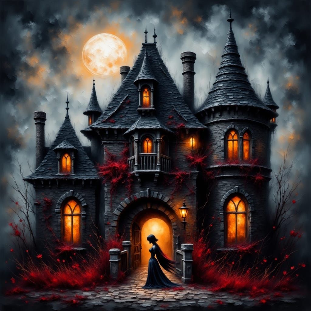 Gothic Castle with Red-Tipped Waif in Moonlight