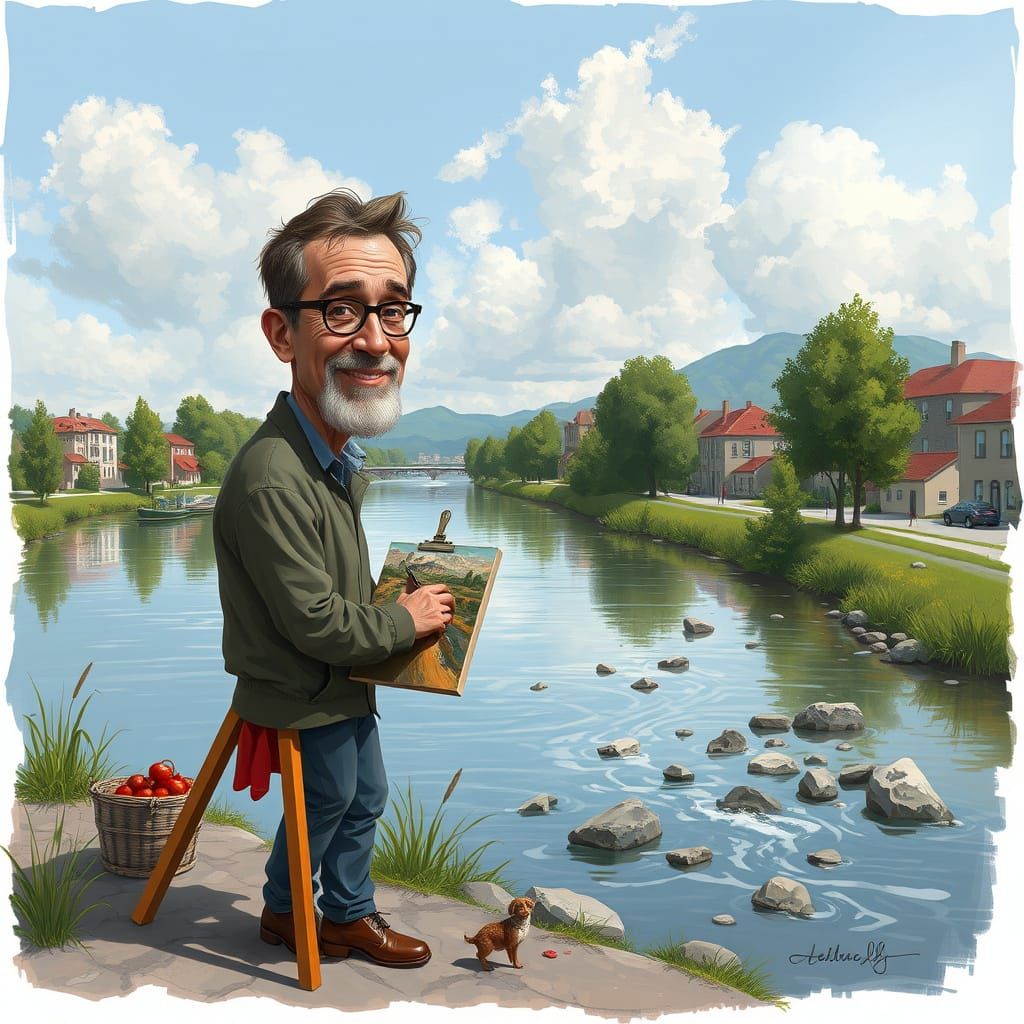 Humorous Caricature of Painter by River