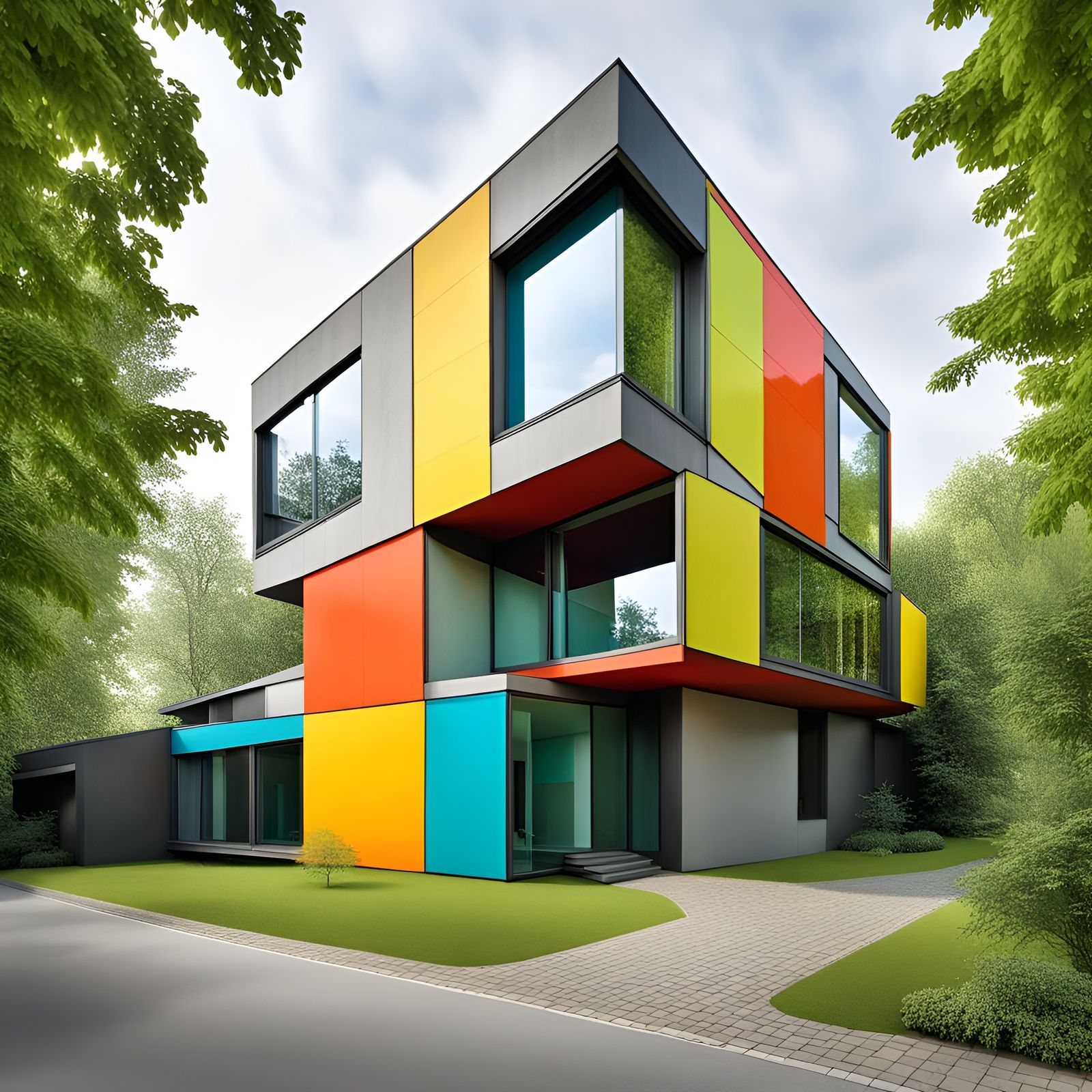 Abstract Home Architecture (in the style of contemporary Dutch architect Rem Koolhaas known for his works that embrace a...