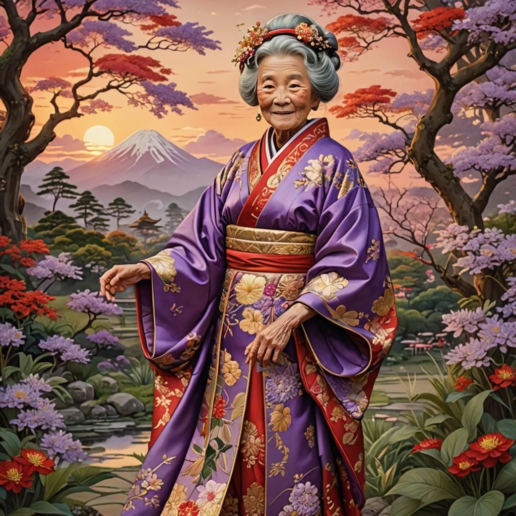 Japanese Woman in Kimono Portrait, Hyperdetailed Fantasy Art