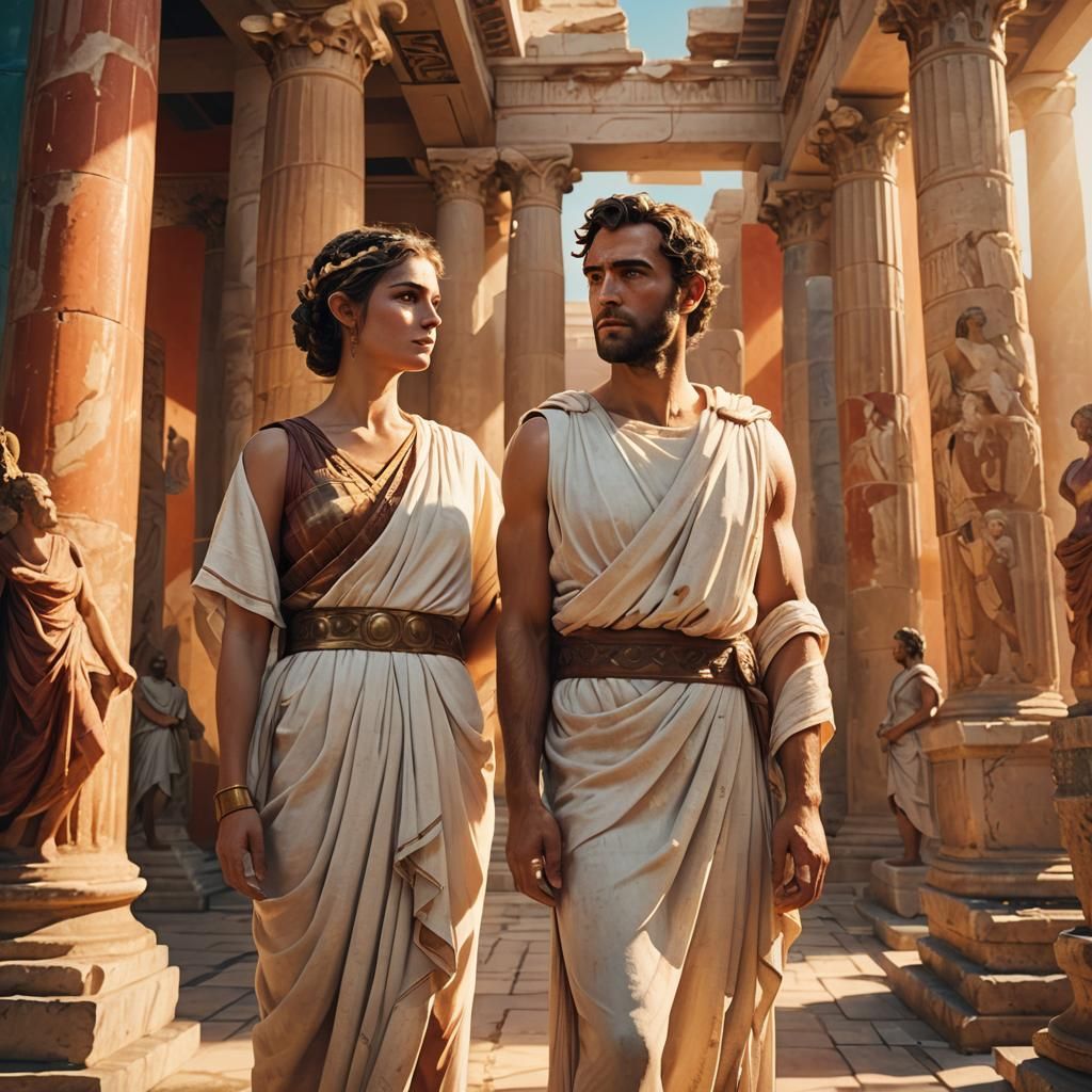 Ancient Greek Woman and Roman Man in Temple