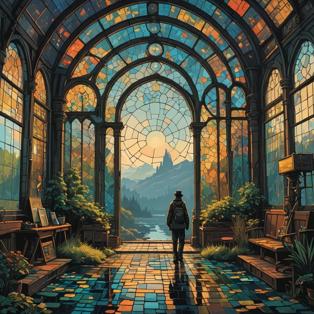 Surreal Stained Glass Mosaic in Deep Color