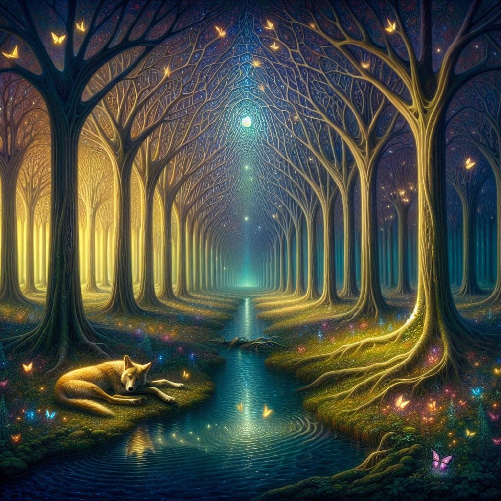 Dreamlike Forest Cathedral of Trees in Serene Surrealist Lan...