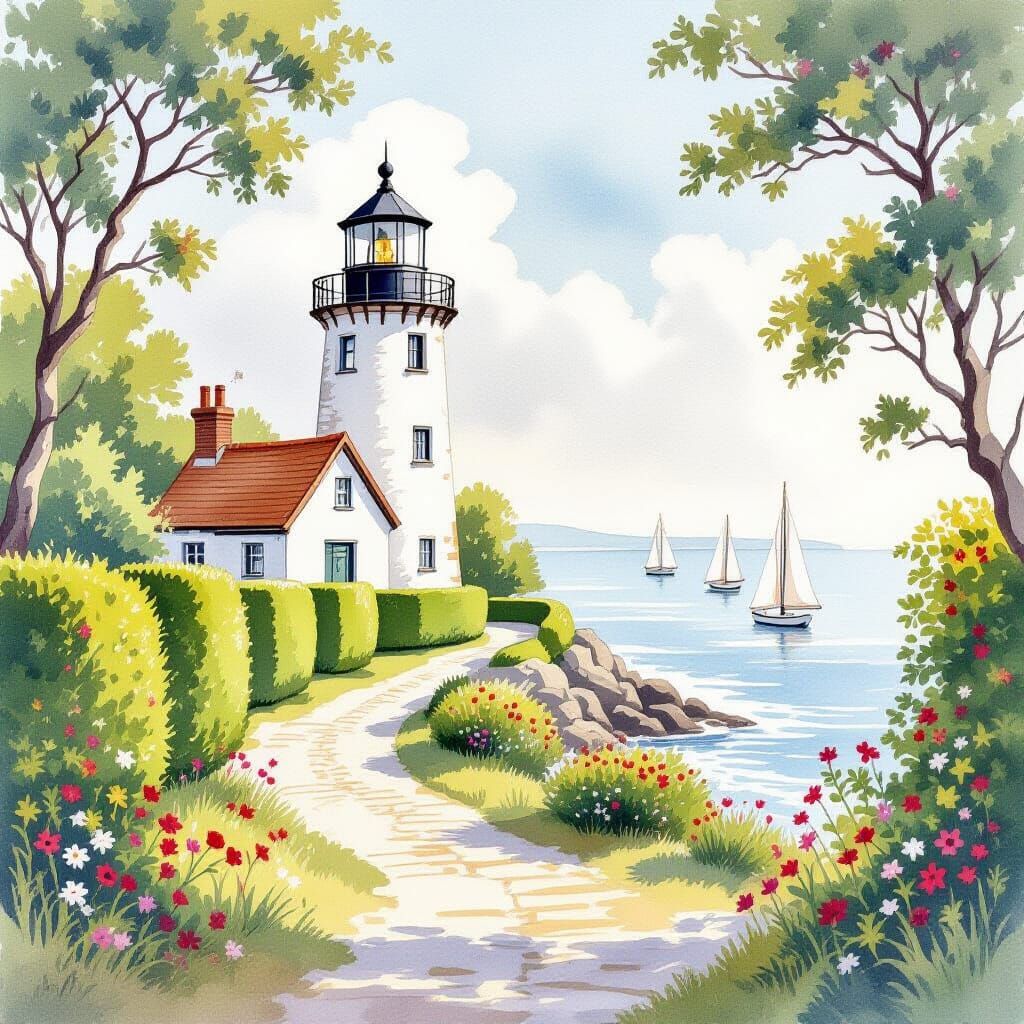 Delicate Watercolour Lighthouse Overlooking Sea
