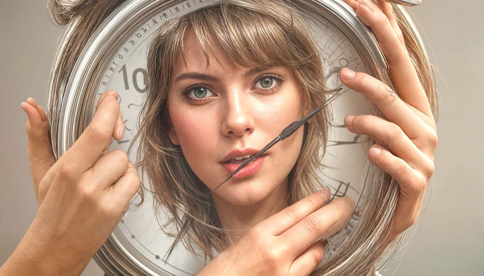 Her Anthropomorphized alarm clock’s hands stretch out and gi...