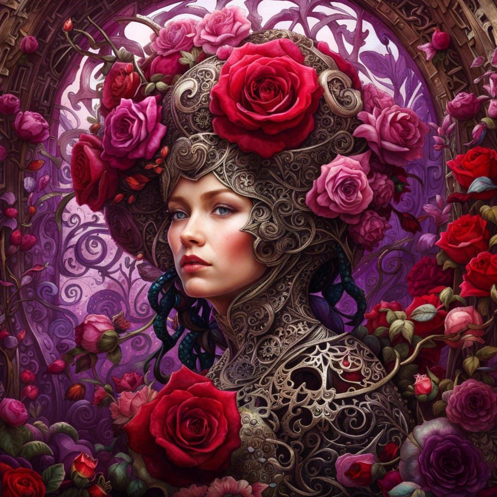 Filigree Rose Maze in Ruby, Amethyst and Onyx