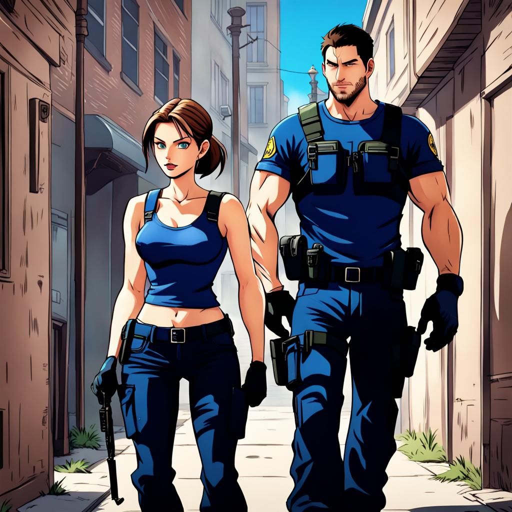 Jill Valentine and Chris Redfield in Cartoon Style