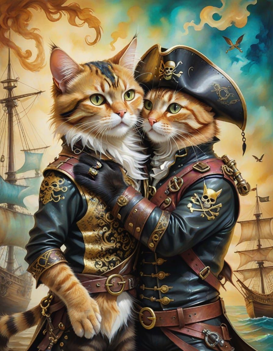 Romantic Pirate Cats in Surrealist Painting