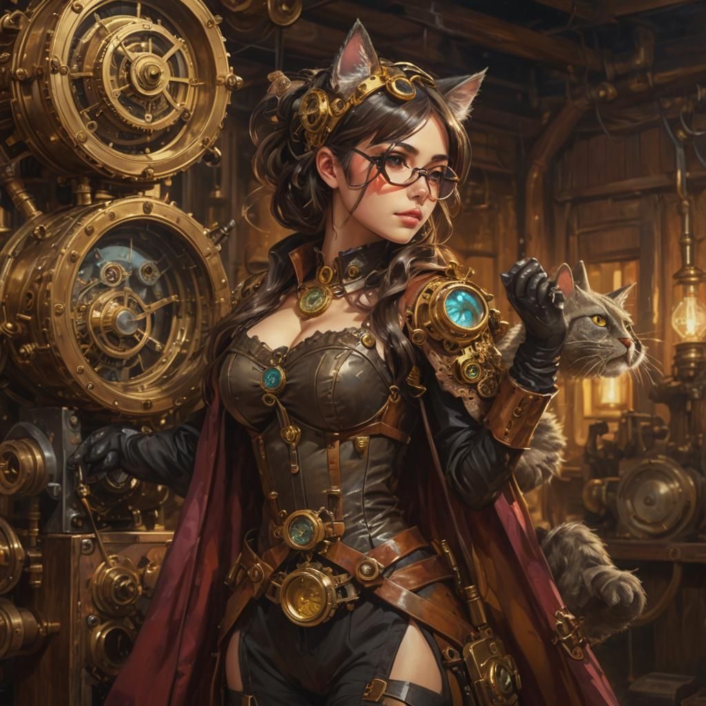 Steampunk Anime Catgirl Portrait in Oil Painting Style