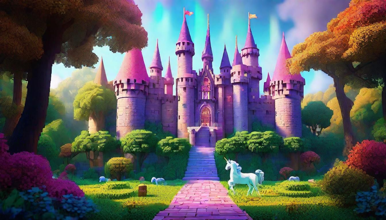 Pixel Art Castle with Unicorn and Princess