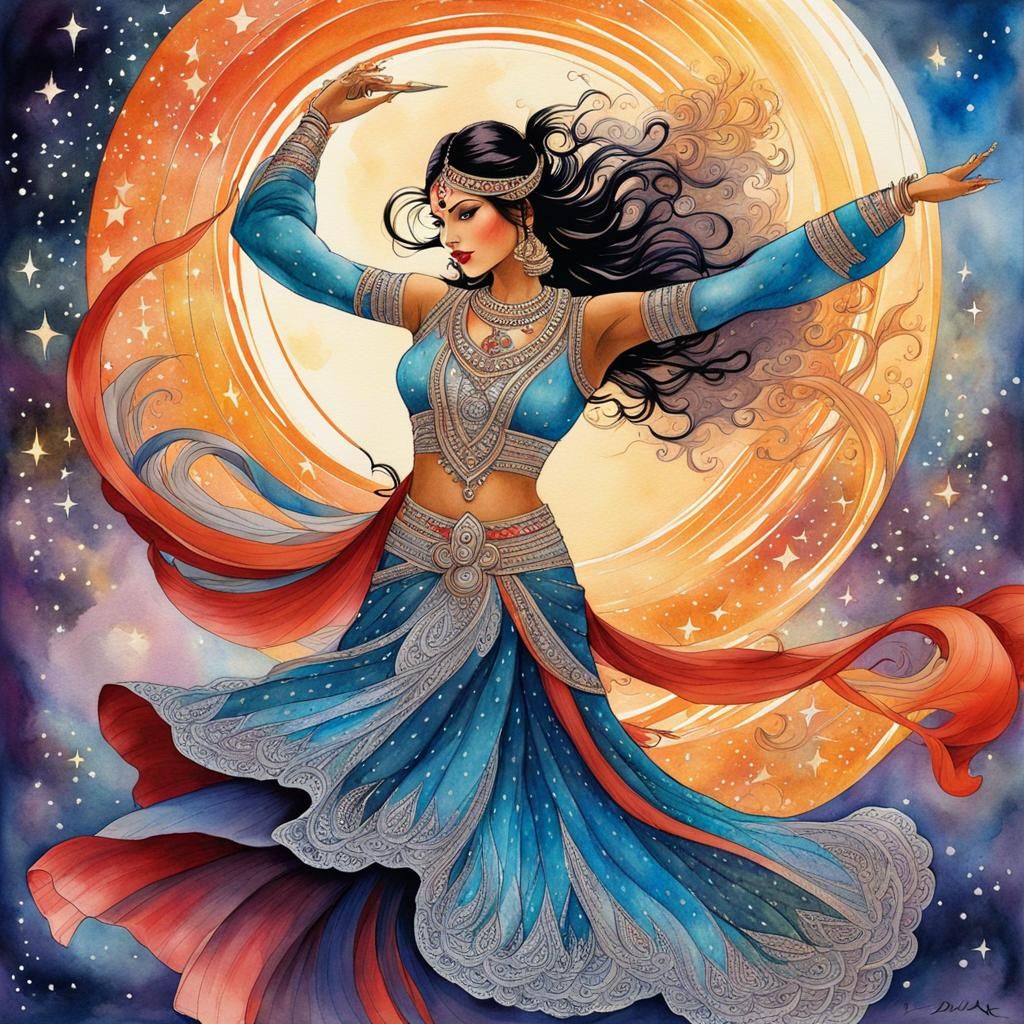 Indian Warrior Dancing in Moonlight: Watercolor Art