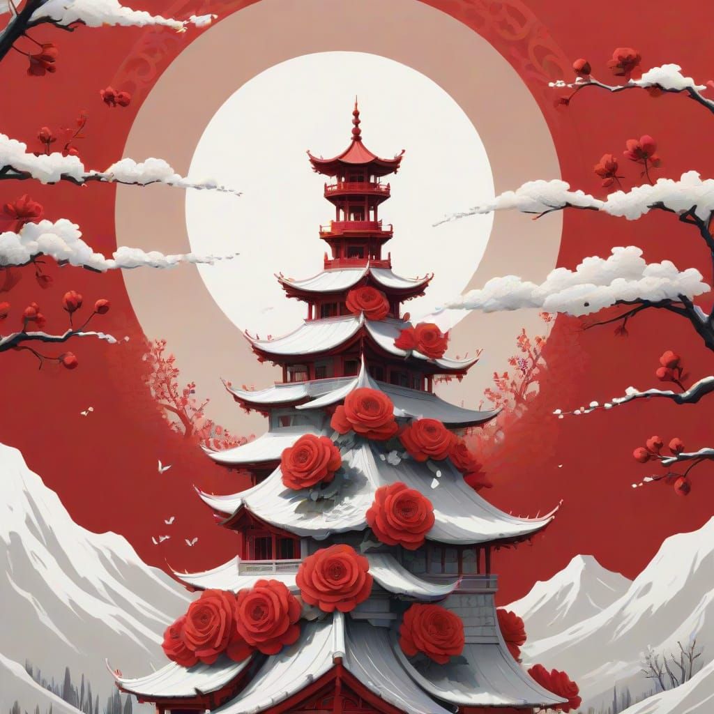 Traditional Chinese-Inspired Red and White Gazebo in a Seren...