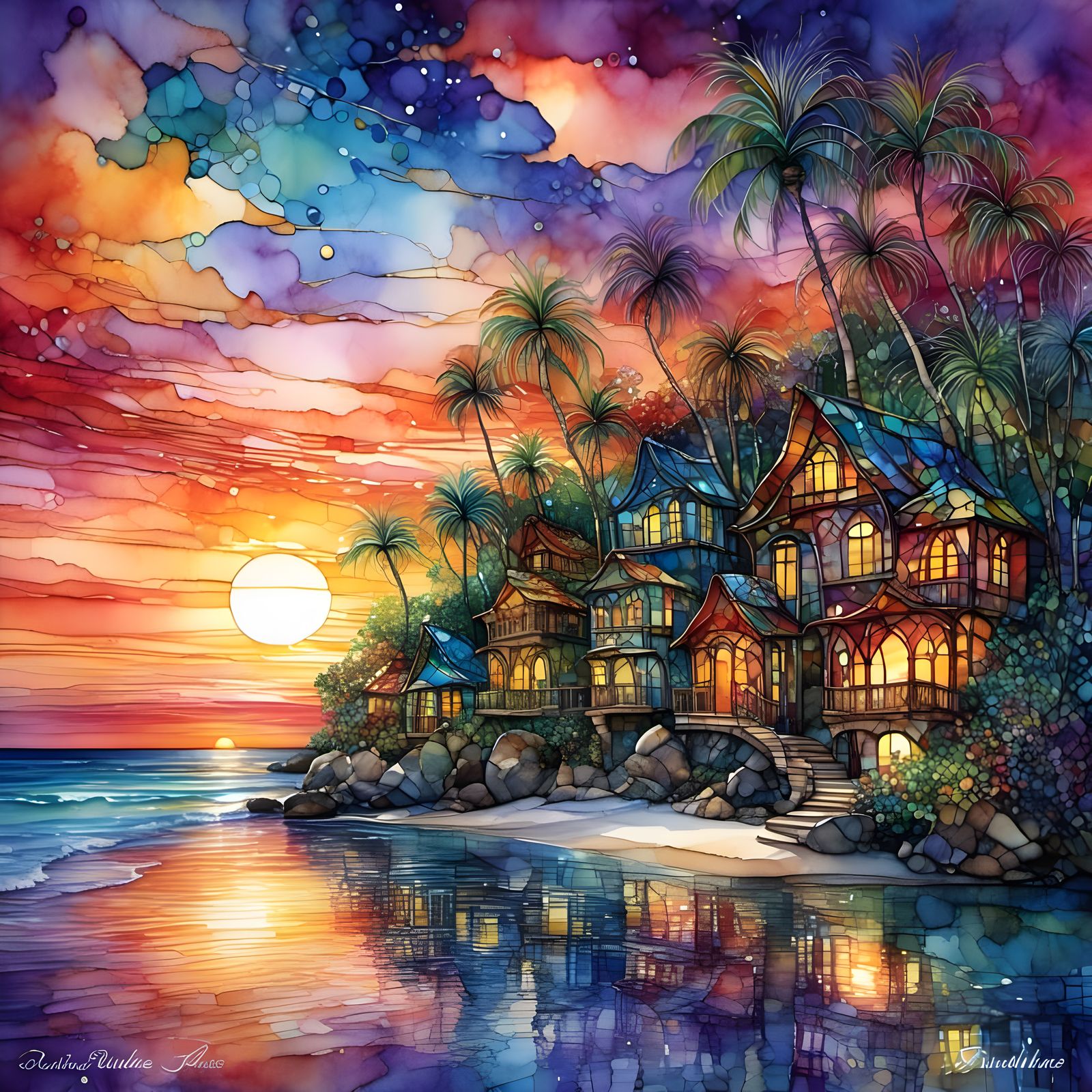 Tropical Village Sunset in Stained Glass Style