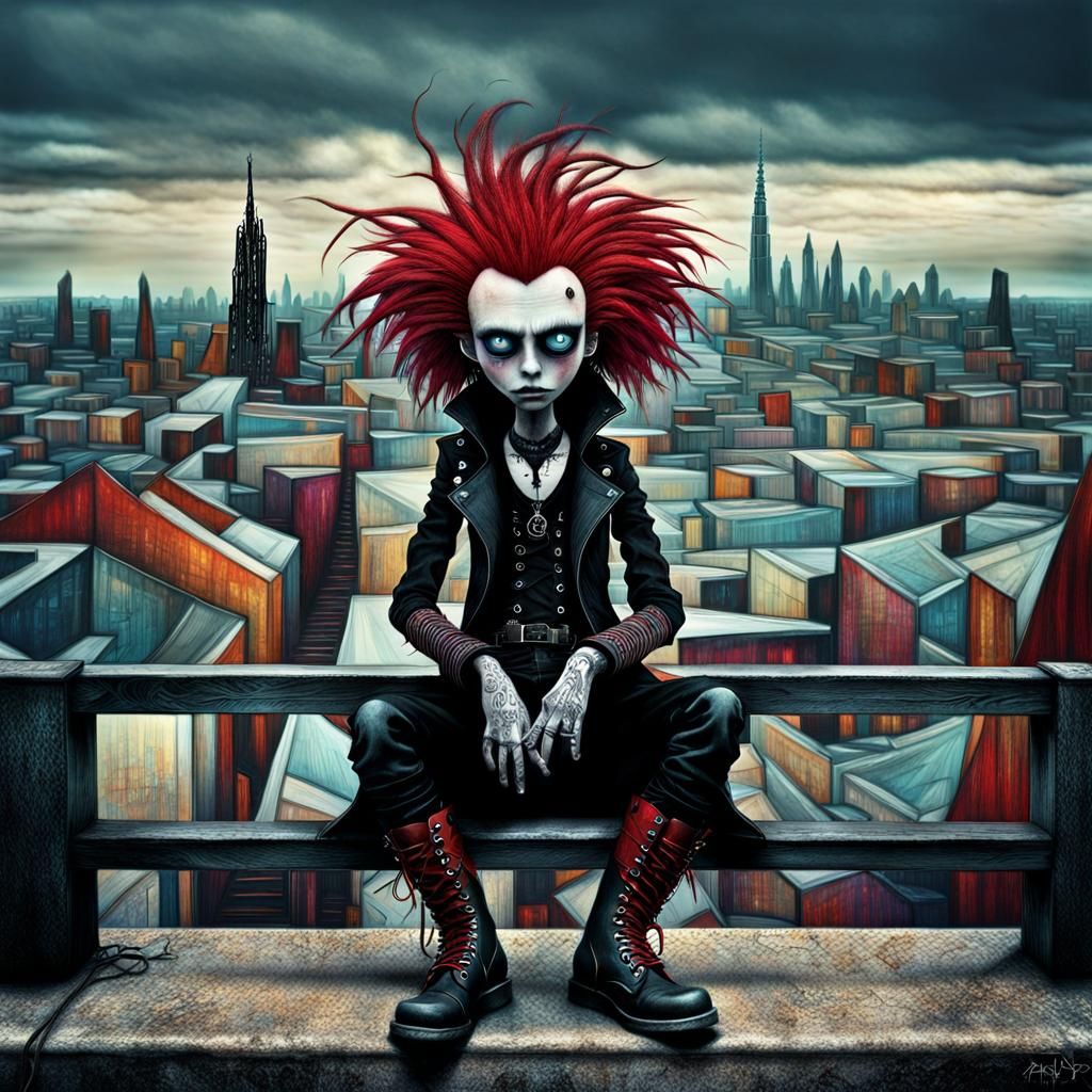 Gothic Punk Rocker in Cityscape, Hyperrealistic Style