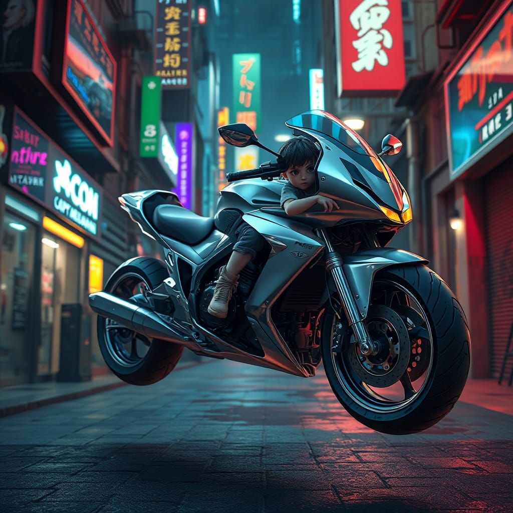 Child and Cyberpunk Hoverbike in Anime Style
