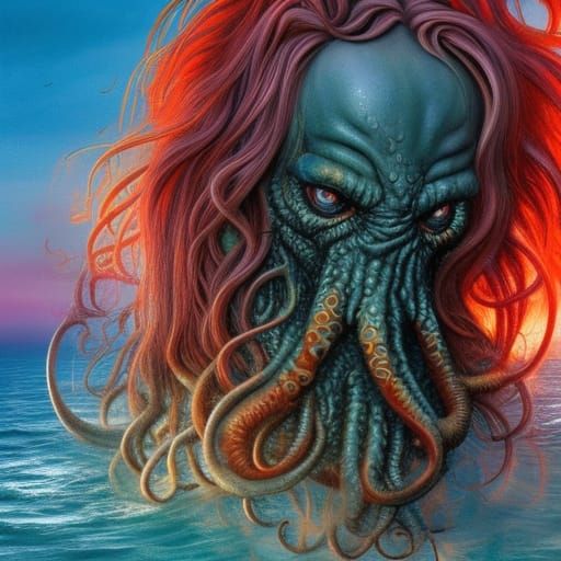 Detailed Female Cthulhu Sunset Painting