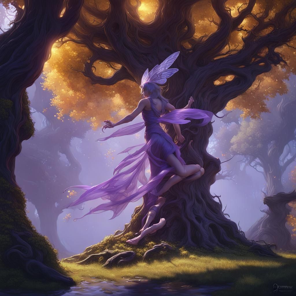 Fairy Leaps from Tree: Dark Fantasy Art