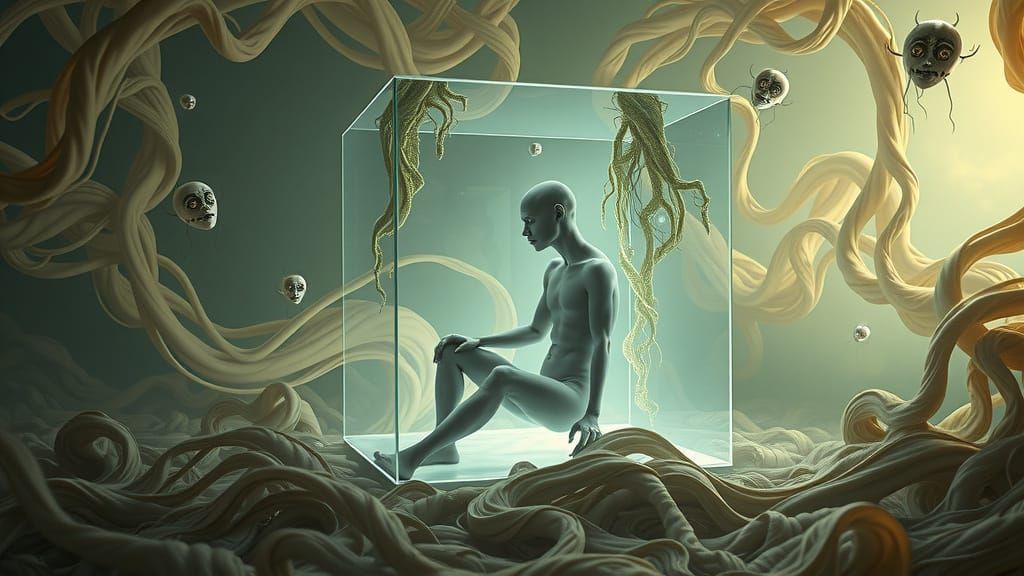 Dreamlike Forms in Eerie Landscape with Geometric Cube