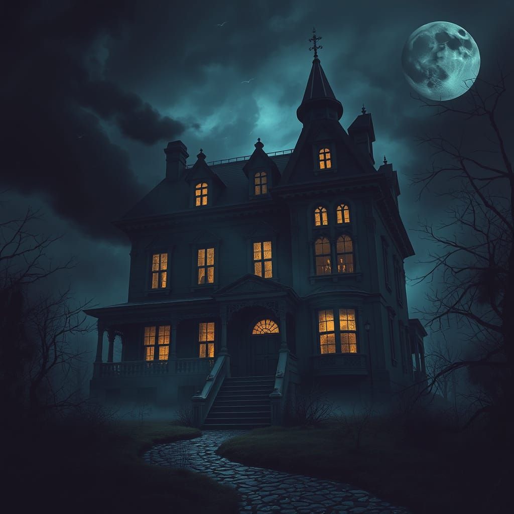 Spooky Mansion Amidst Stormy Night in Dark Fantasy Style