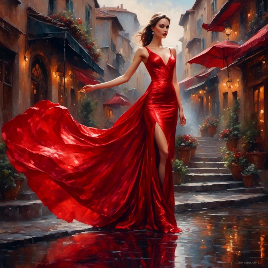 Elegant Goddess on Santorini Beach in Gouache Painting