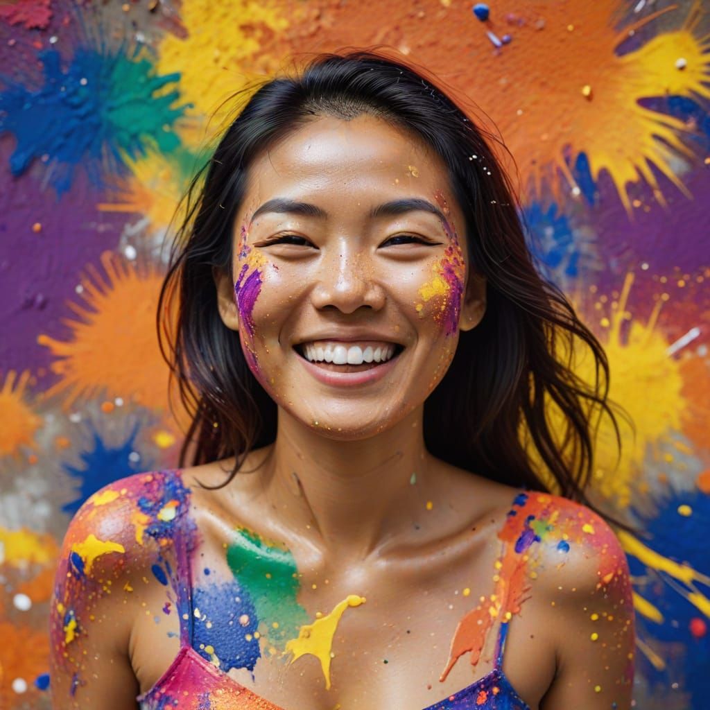 Joyful Asian Woman Smiling Amidst Colorful Paint Splatters