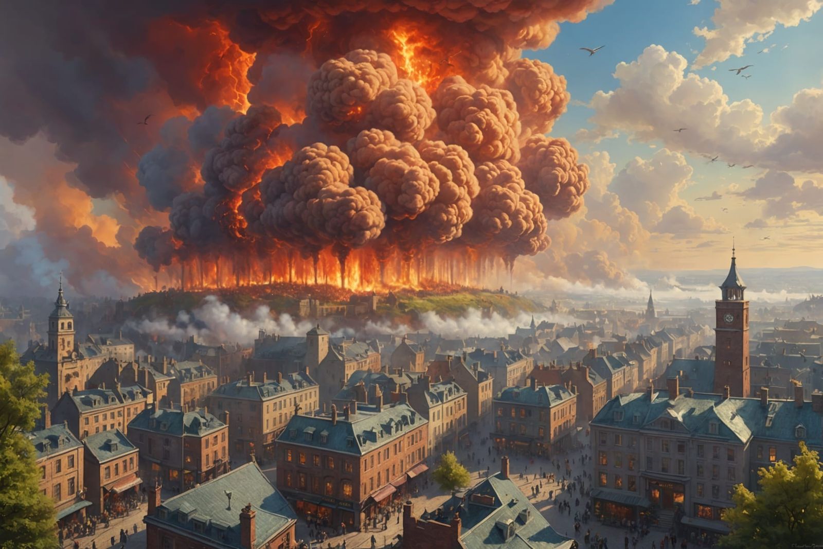 Fiery Beasts Versus Cloud Sheep in Cityscape