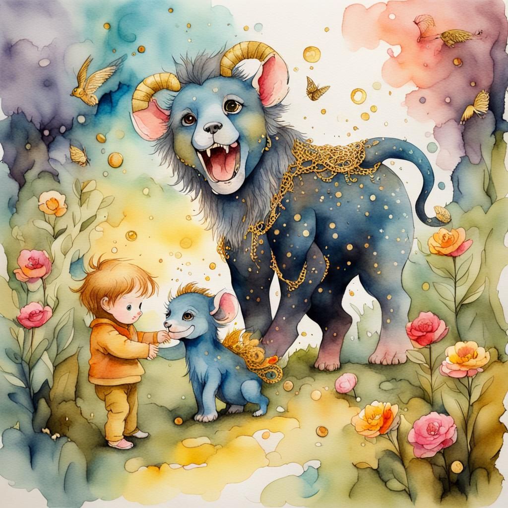 Children Playing with Baby Chimera in Watercolour