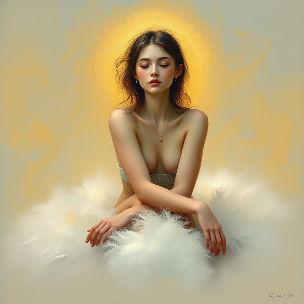 Young Woman in Soft Golden Light, with Ethereal Cloudscapes