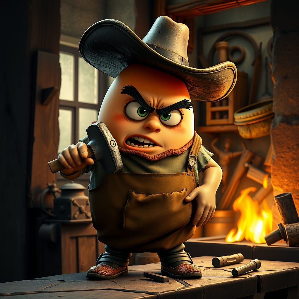 Angry Egg Blacksmith in a Wild West Forge