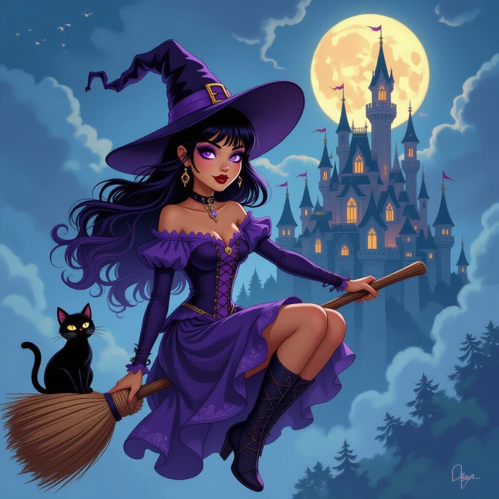 Teenage Witch Rides Broomstick Past Castle