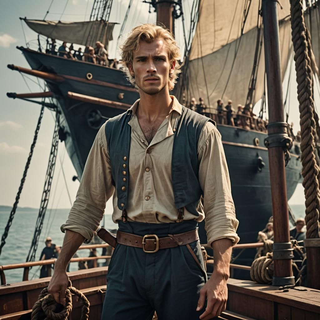 Handsome Sailor in Medieval Clothes on Ship