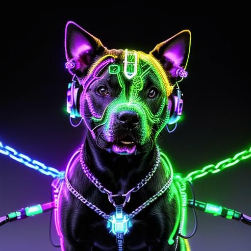Cybernetic Pitbull Puppy with Glowing Circuitry in Cyberpunk...
