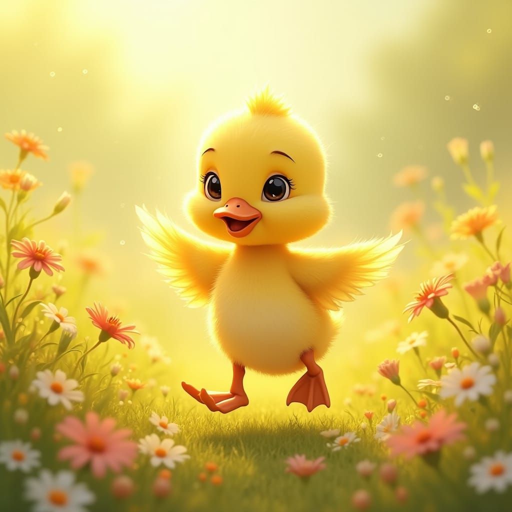 Cute Duckling Dancing in Wildflower Meadow - Whimsical Anima...