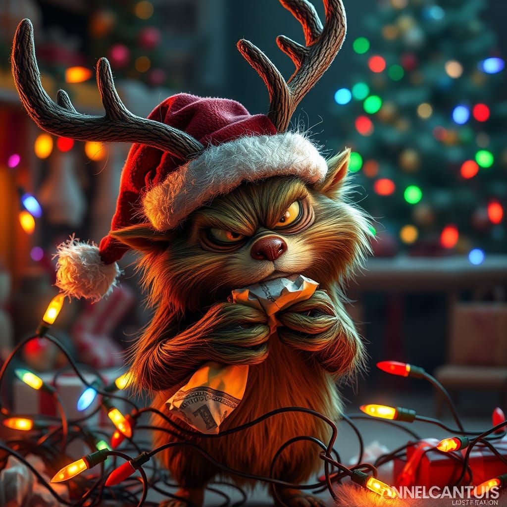 Whimsical Christmas Creature in Vibrant Holiday Scene