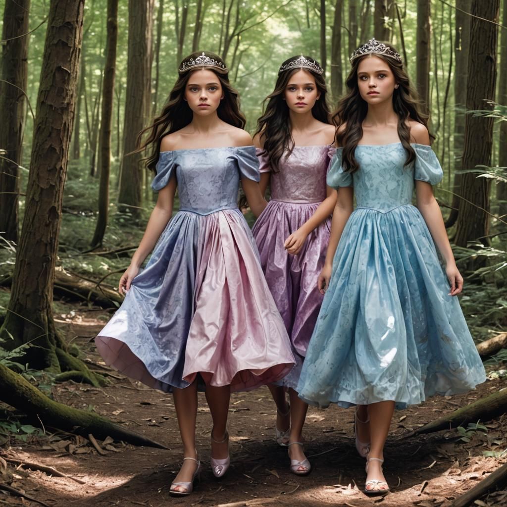 Princess Sisters Fleeing Through Dark Forest