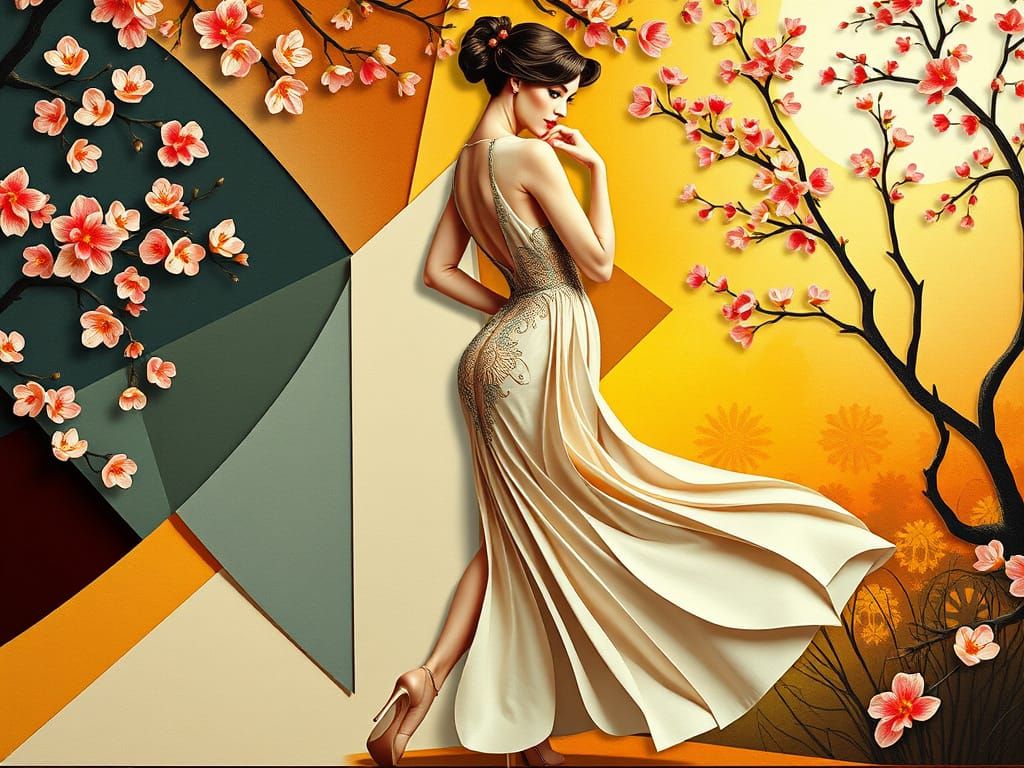 Abstract Pin-Up Woman in Geometric Garden, Quilled Paper Gea...