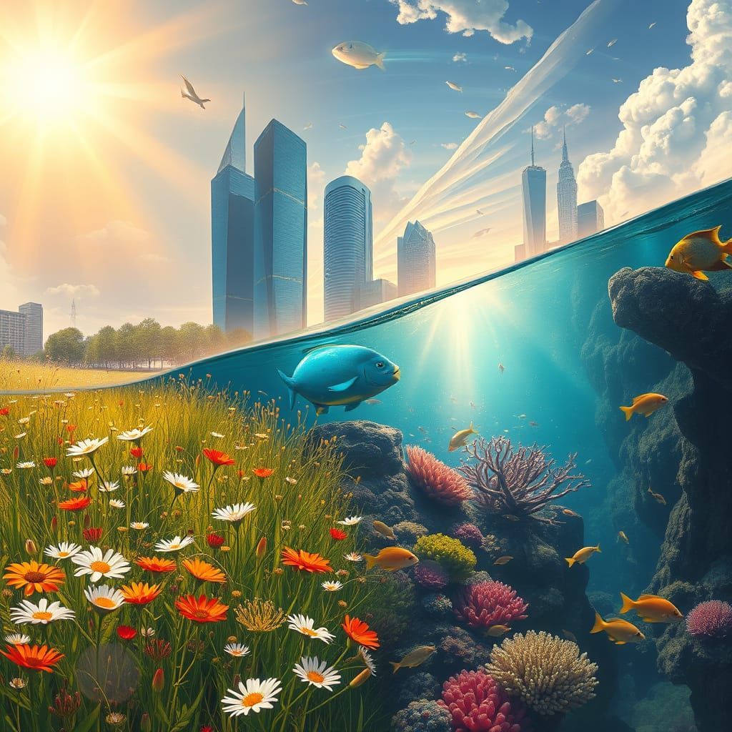 Dreamlike Harmony of Nature, City, and Ocean in Vibrant Digi...