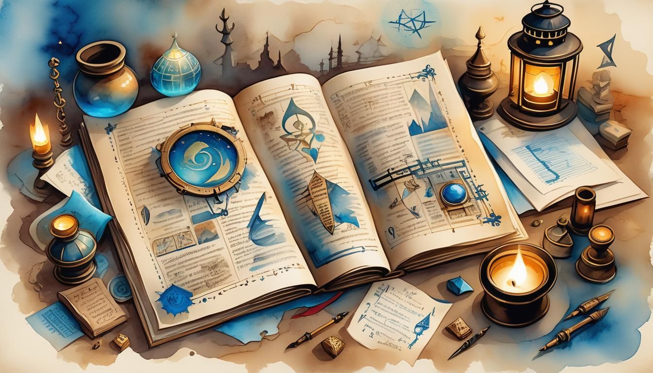 Whimsical Watercolour of Fantasy Blueprints and Runes