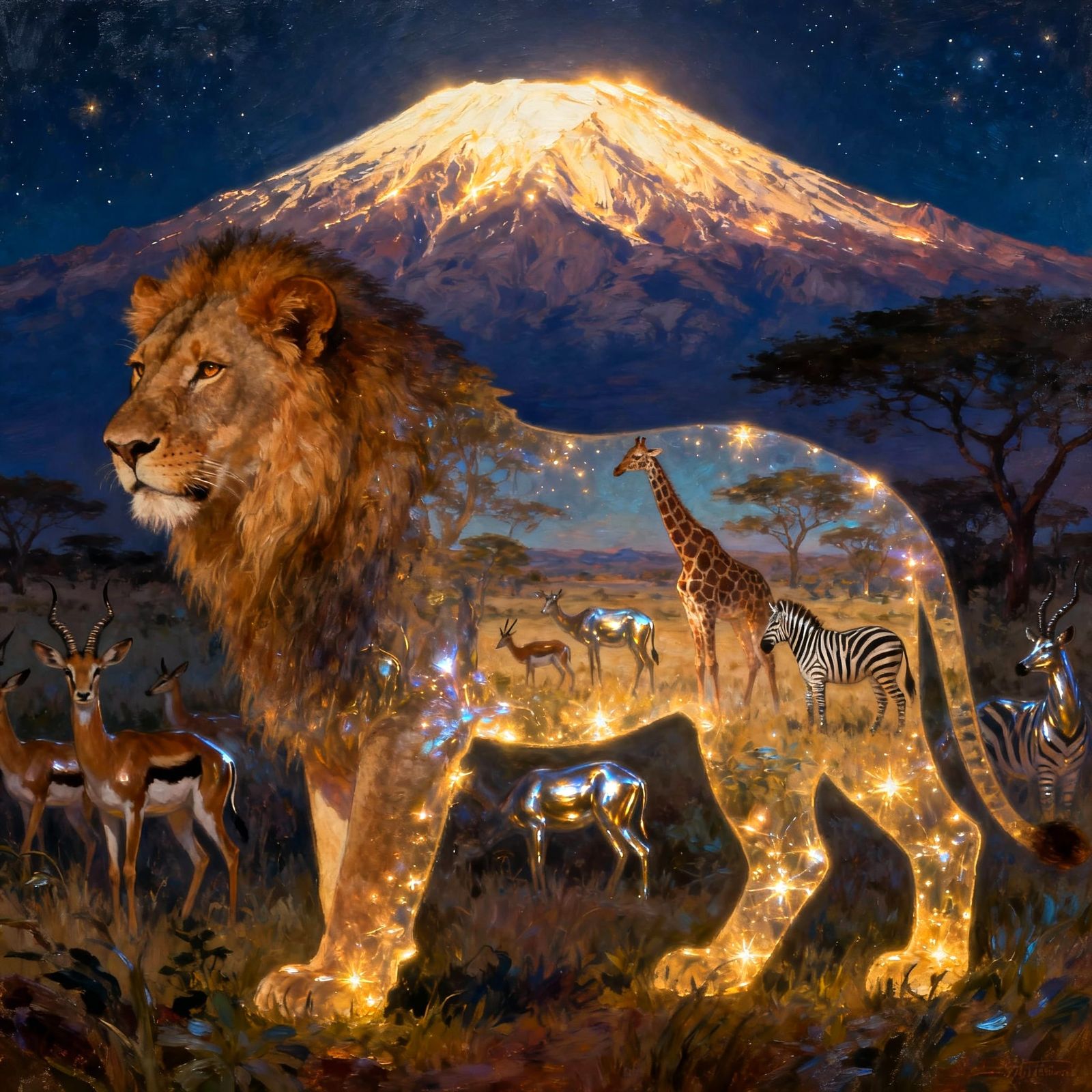 Lioness Silhouette Double Exposure with African Savannah and...