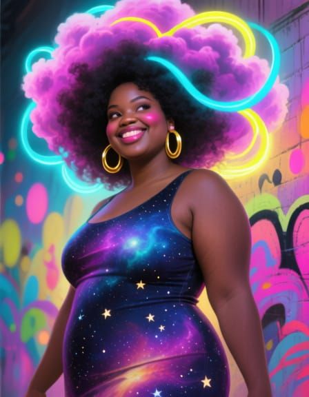 Radiant Woman with Exploding Neon Afro