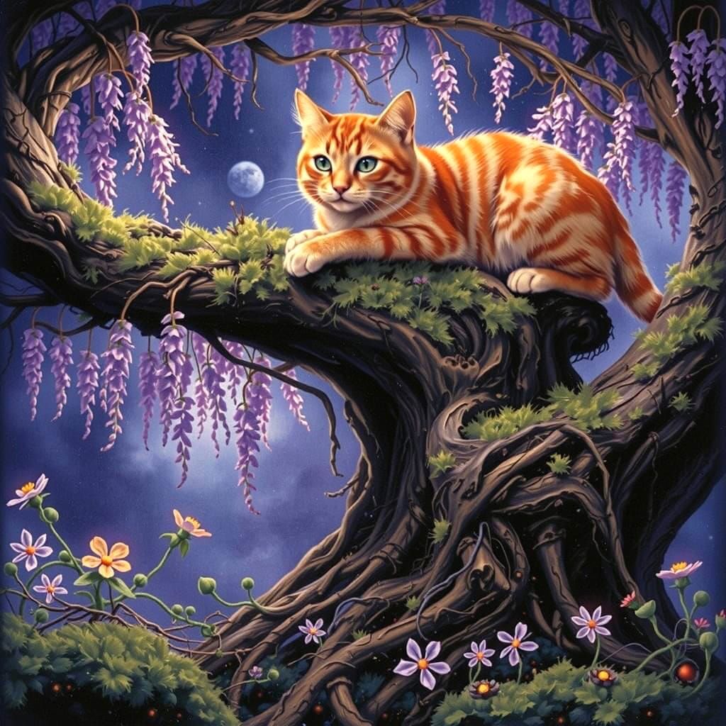 Tabby Cat Inspects Microscopic Wisteria Bonsai: Fantasy Art