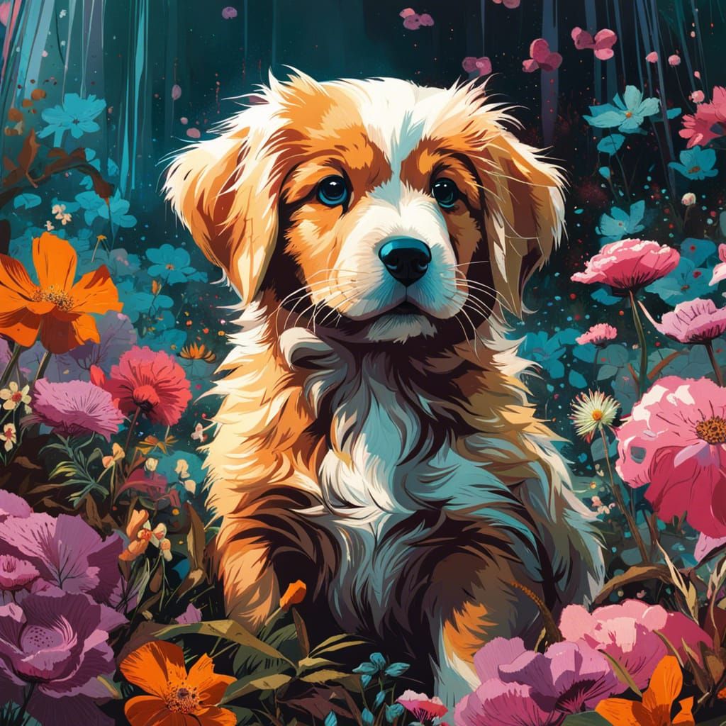 Puppy in Flowers: Hyperdetailed Digital Art