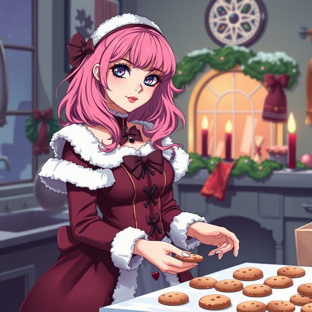 Gothic Santa Baking Cookies in Vibrant Anime Style